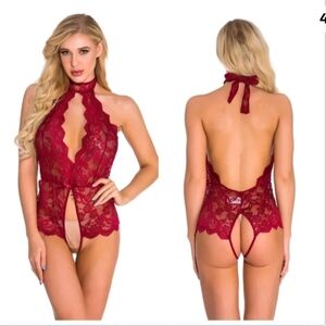 Red Lace Halter Bodysuit
